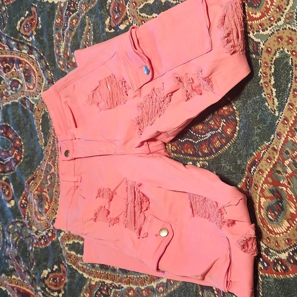 Coral color distress cargo high rise jeans